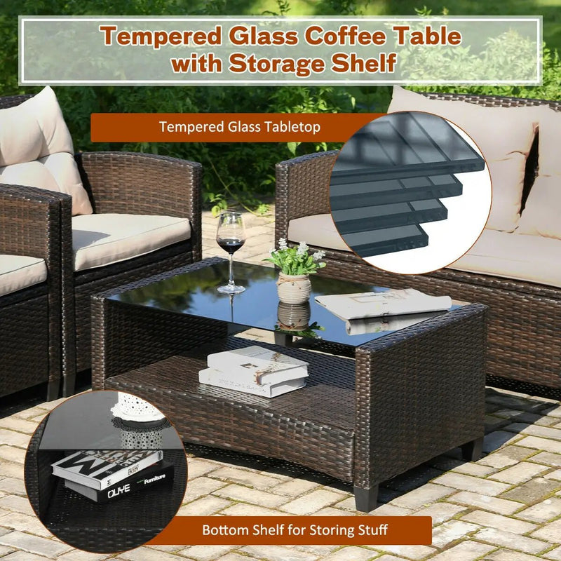 4 Pieces Outdoor Rattan Furniture Set with Glass Table by DirectDeals