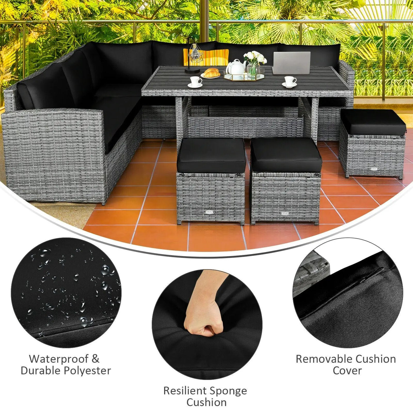 7 Pieces Patio Rattan Dining Furniture Sectional Sofa Set with Wicker Ottoman by DirectDeals