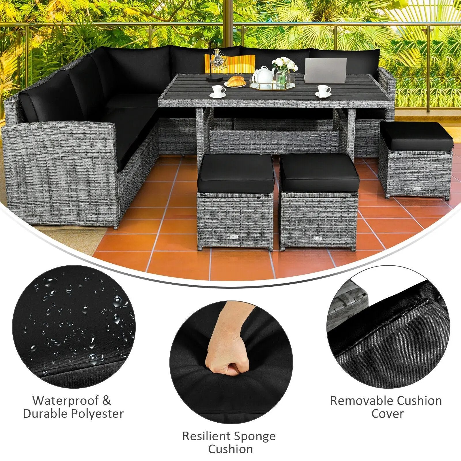 7 Pieces Patio Rattan Dining Furniture Sectional Sofa Set with Wicker Ottoman by DirectDeals
