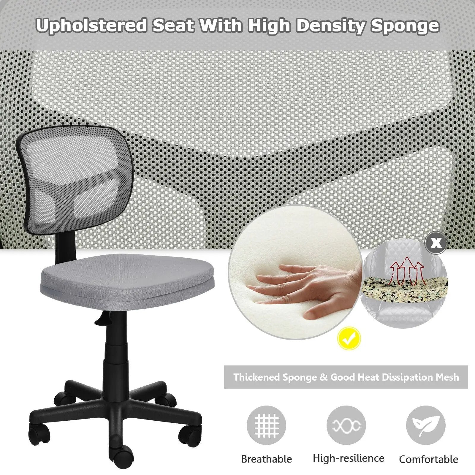 Armless Computer Chair with Height Adjustment and Breathable Mesh for Home Office by DirectDeals