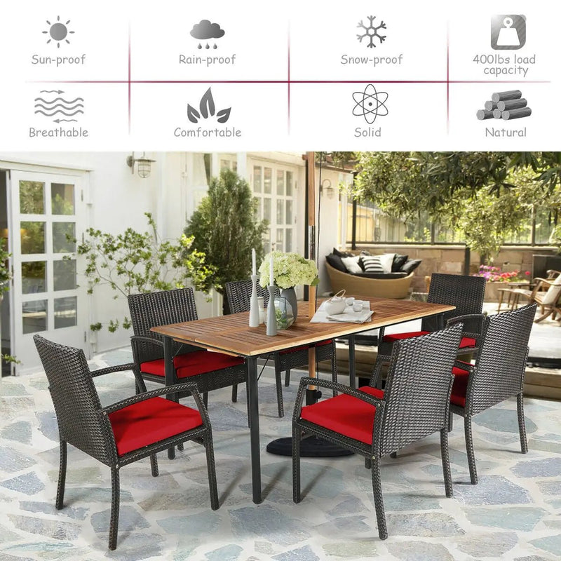 7Pcs Patio Rattan Cushioned Dining Set with Umbrella Hole by DirectDeals