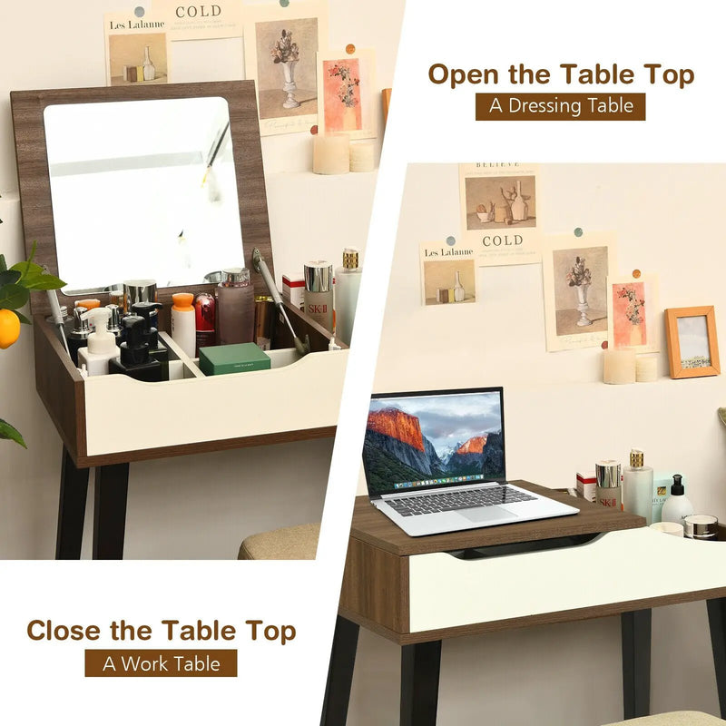 Vanity Table Set with Flip Top Mirror and Padded Stool-Brown by DirectDeals