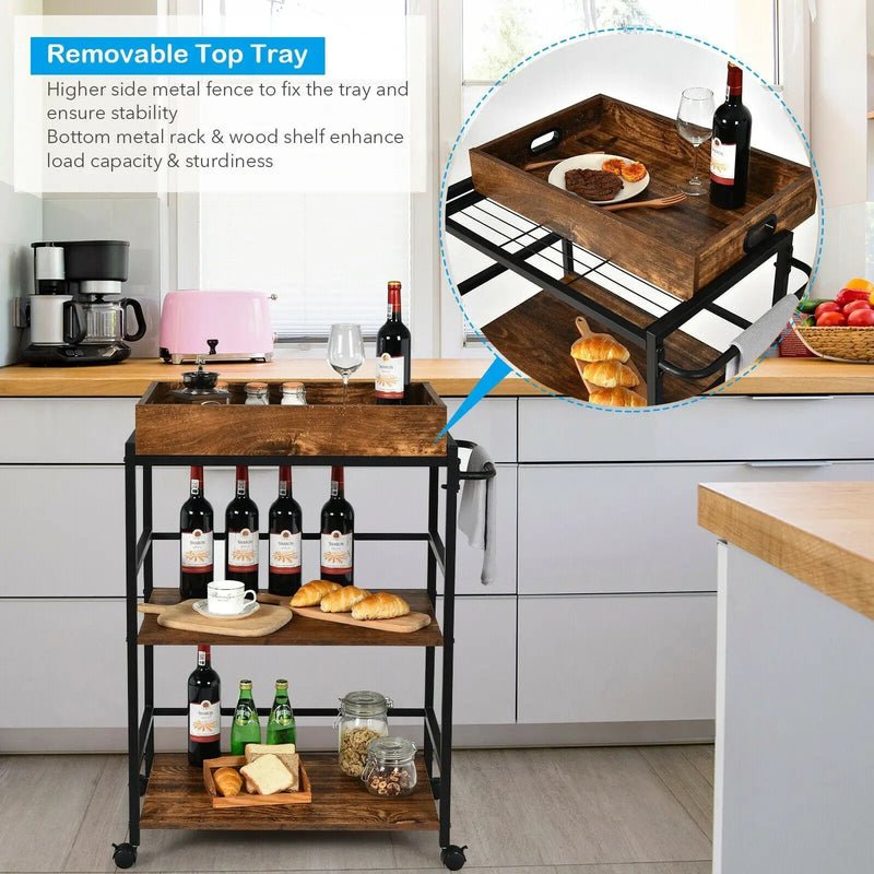 3-Tier Kitchen Serving Bar Cart with Lockable Casters and Handle Rack for Home Pub-Rustic Brown by DirectDeals