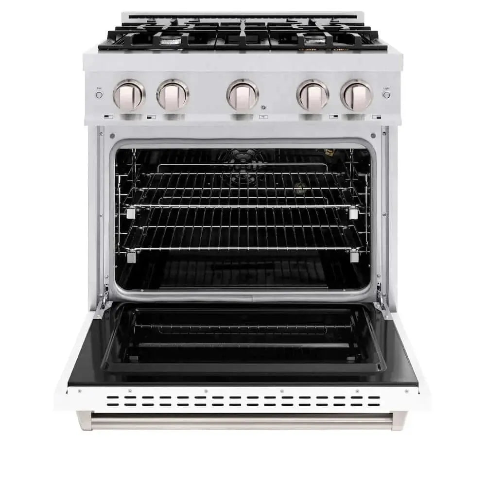 ZLINE 30"Classic Gas Range, Convection Gas Oven, DuraSnow® Stainless Steel, White Matte Door CGRS-WM-30 by Farmhouse Kitchen and Bath