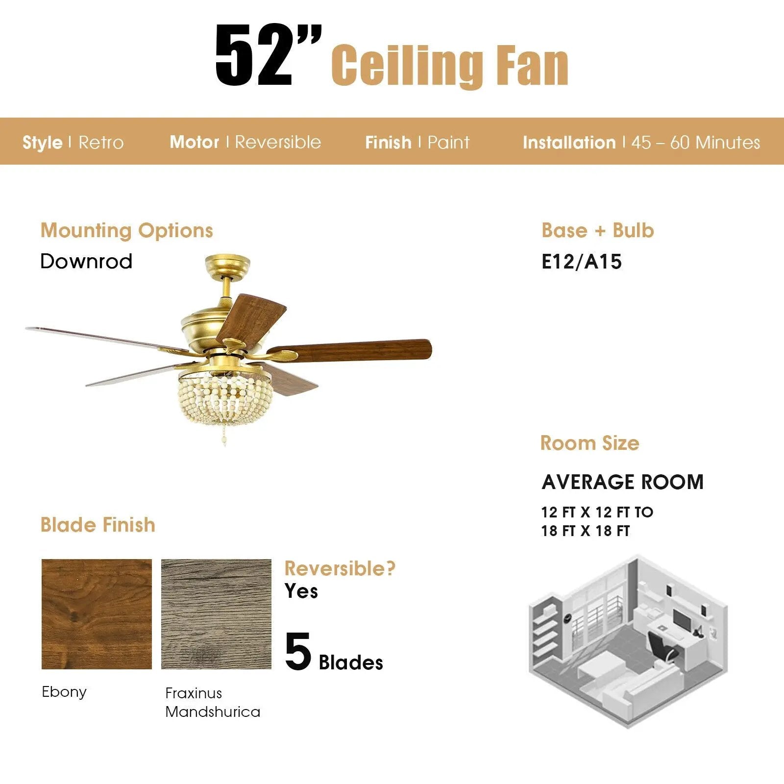 52 Inch Retro Ceiling Fan Light with Reversible Blades Remote Control by DirectDeals