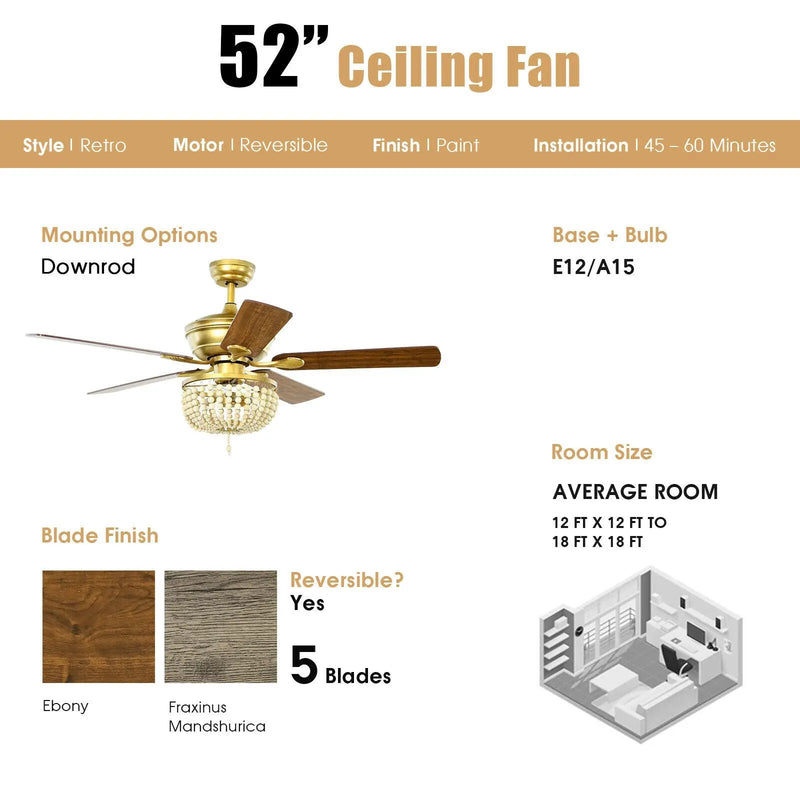 52 Inch Retro Ceiling Fan Light with Reversible Blades Remote Control by DirectDeals