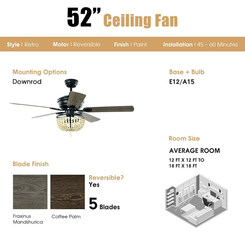 52 Inch Retro Ceiling Fan Light with Reversible Blades Remote Control by DirectDeals