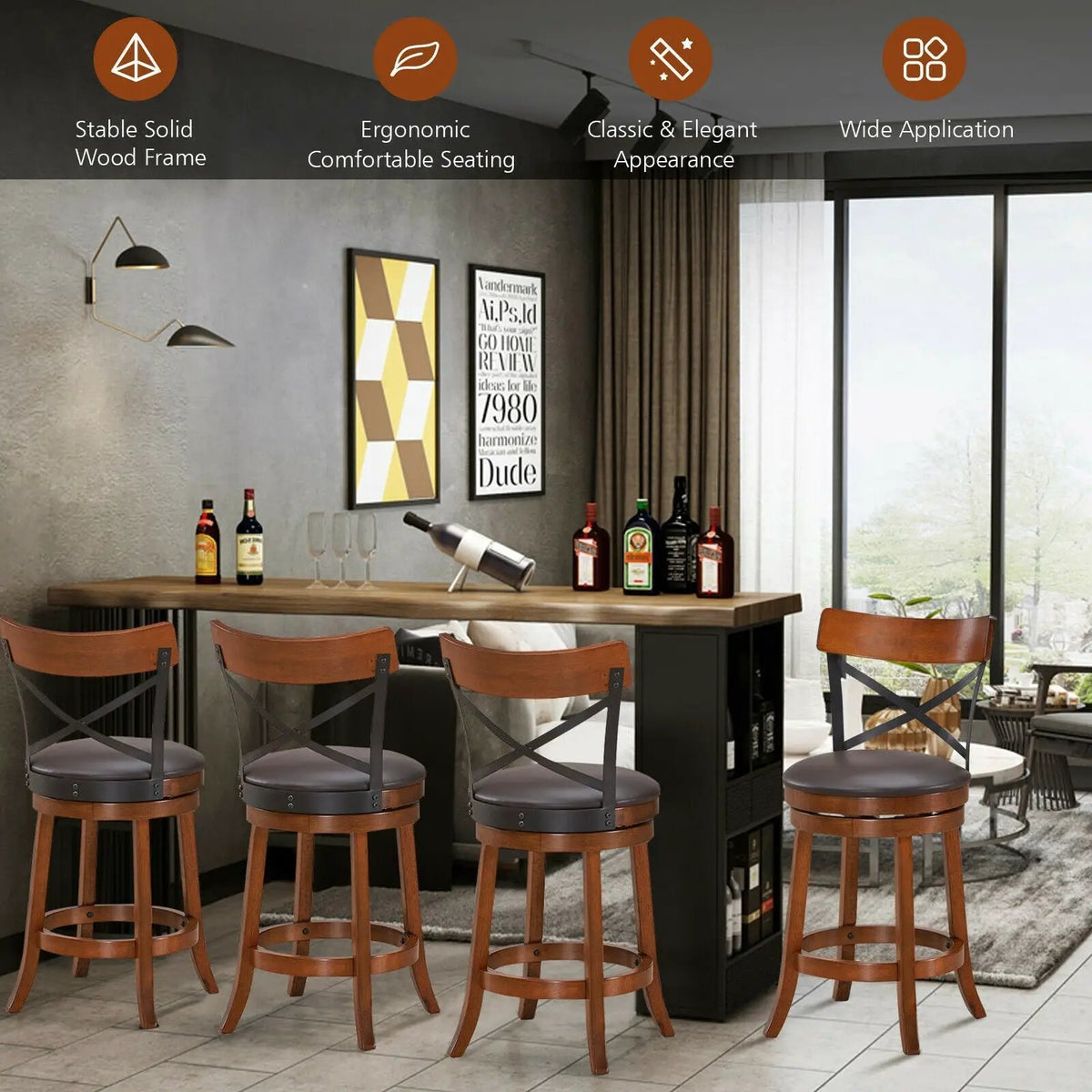 Set of 2 Bar Stools 360-Degree Swivel Dining Bar Chairs with Rubber Wood Legs by DirectDeals