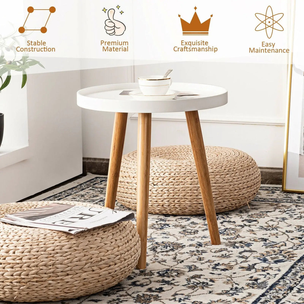Mid Century Modern Round Side Sofa Coffee Table with Wooden Tray by DirectDeals