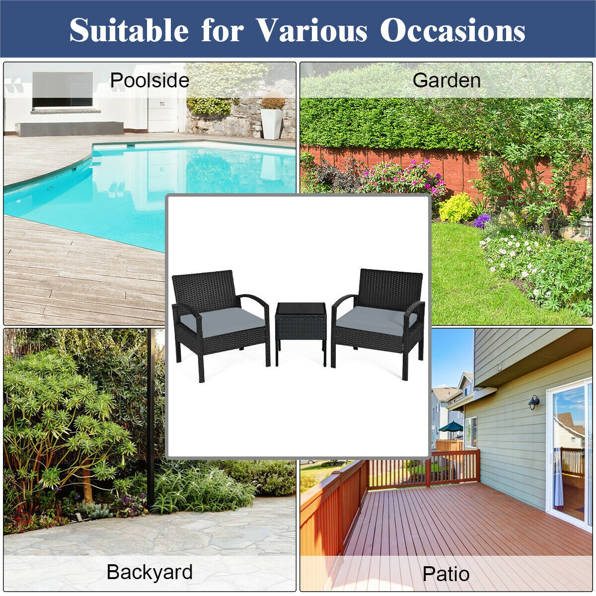 3 Pieces Outdoor Rattan Patio Conversation Set with Seat Cushions by DirectDeals
