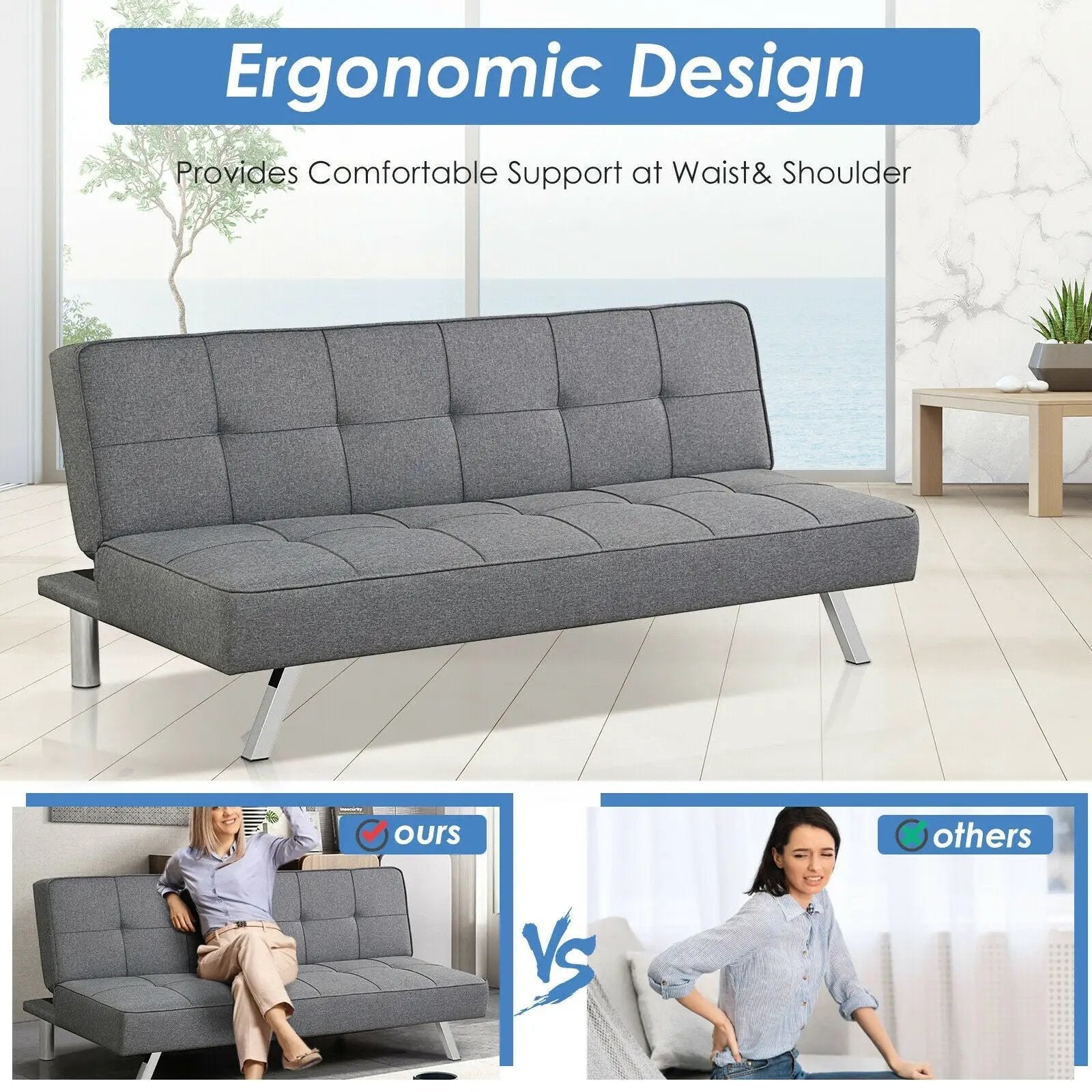 3-Seat Convertible Sofa Bed with High-Density Sponge for Living Room by DirectDeals