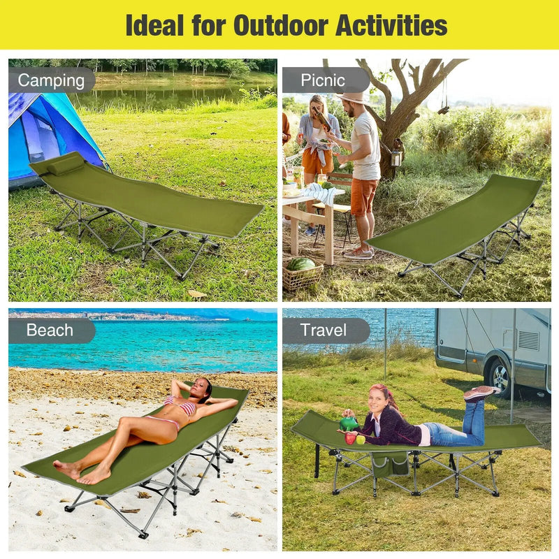 Folding Camping Cot with Side Storage Pocket Detachable Headrest by DirectDeals