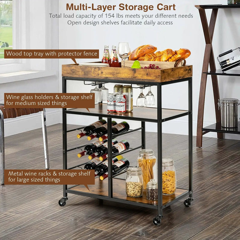 3-Tier Wood Rolling Kitchen Serving Cart with 9 Wine Bottles Rack Metal Frame-Rustic Brown by DirectDeals