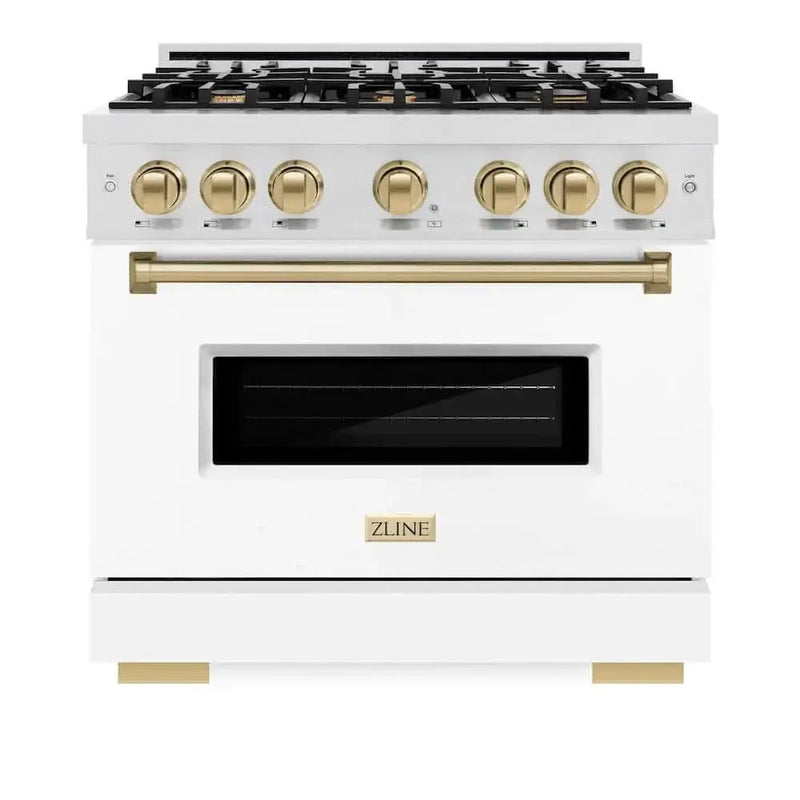 ZLINE 36" Dual Fuel Range, Gas Cooktop, Electric Convection Oven DuraSnow® Stainless Steel, White Matte Door Champagne Bronze CDRSZ-WM-36-CB by Farmhouse Kitchen and Bath