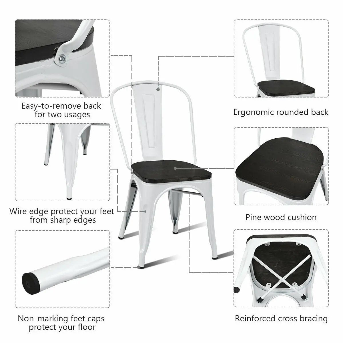 4 Pieces Tolix Style Metal Dining Side Chair Stackable Wood Seat by DirectDeals