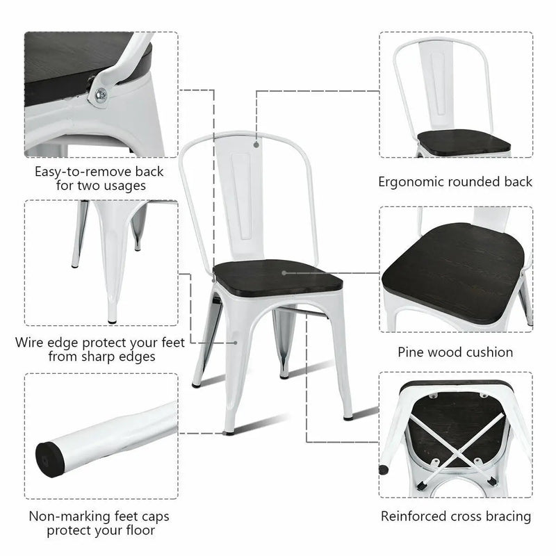4 Pieces Tolix Style Metal Dining Side Chair Stackable Wood Seat by DirectDeals