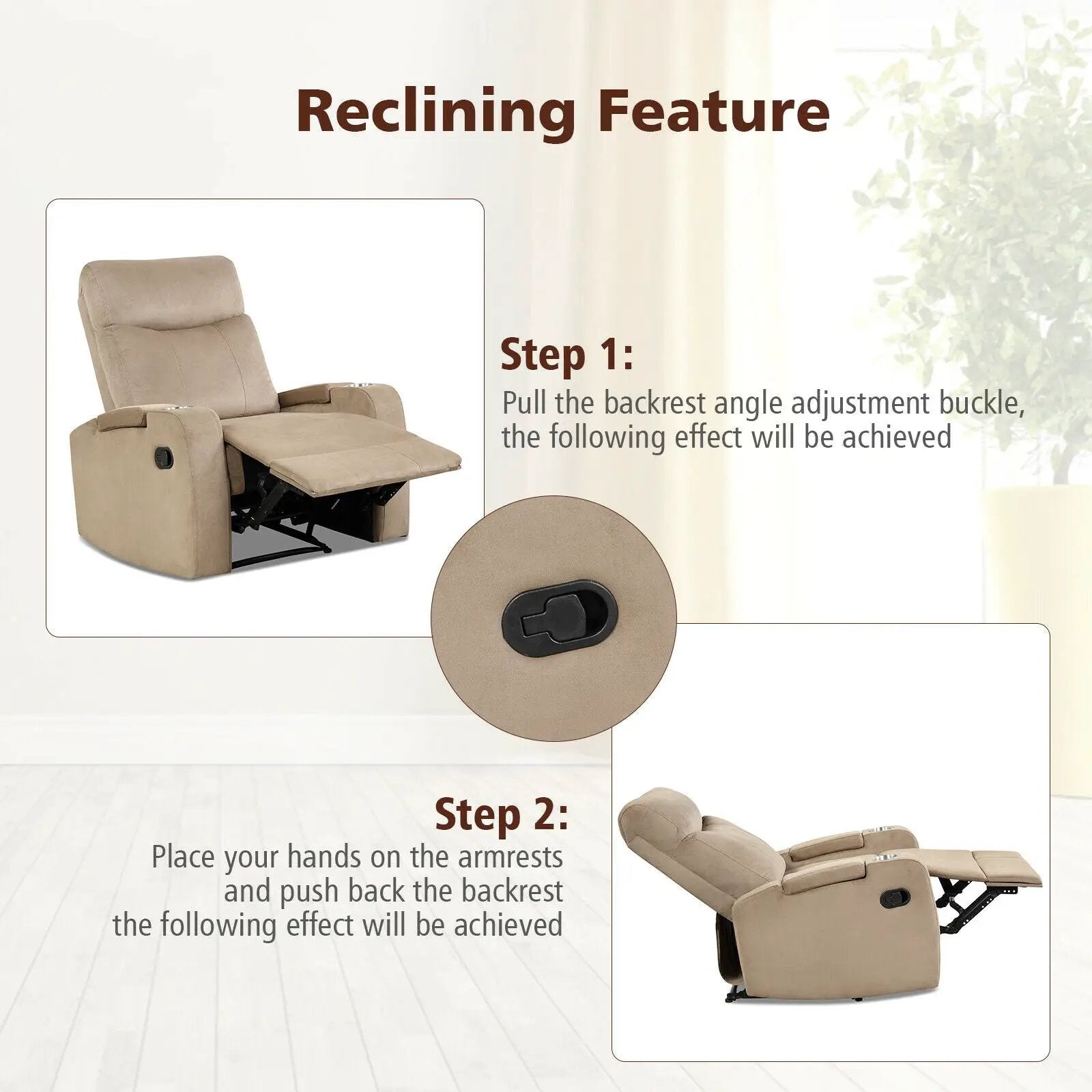 Recliner Chair Single Sofa Lounger with Arm Storage and Cup Holder for Living Room by DirectDeals