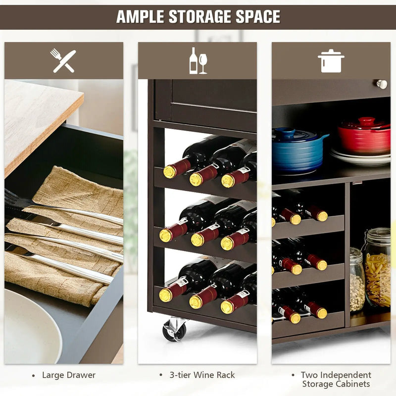 Kitchen Cart with Rubber Wood Top 3 Tier Wine Racks 2 Cabinets by DirectDeals