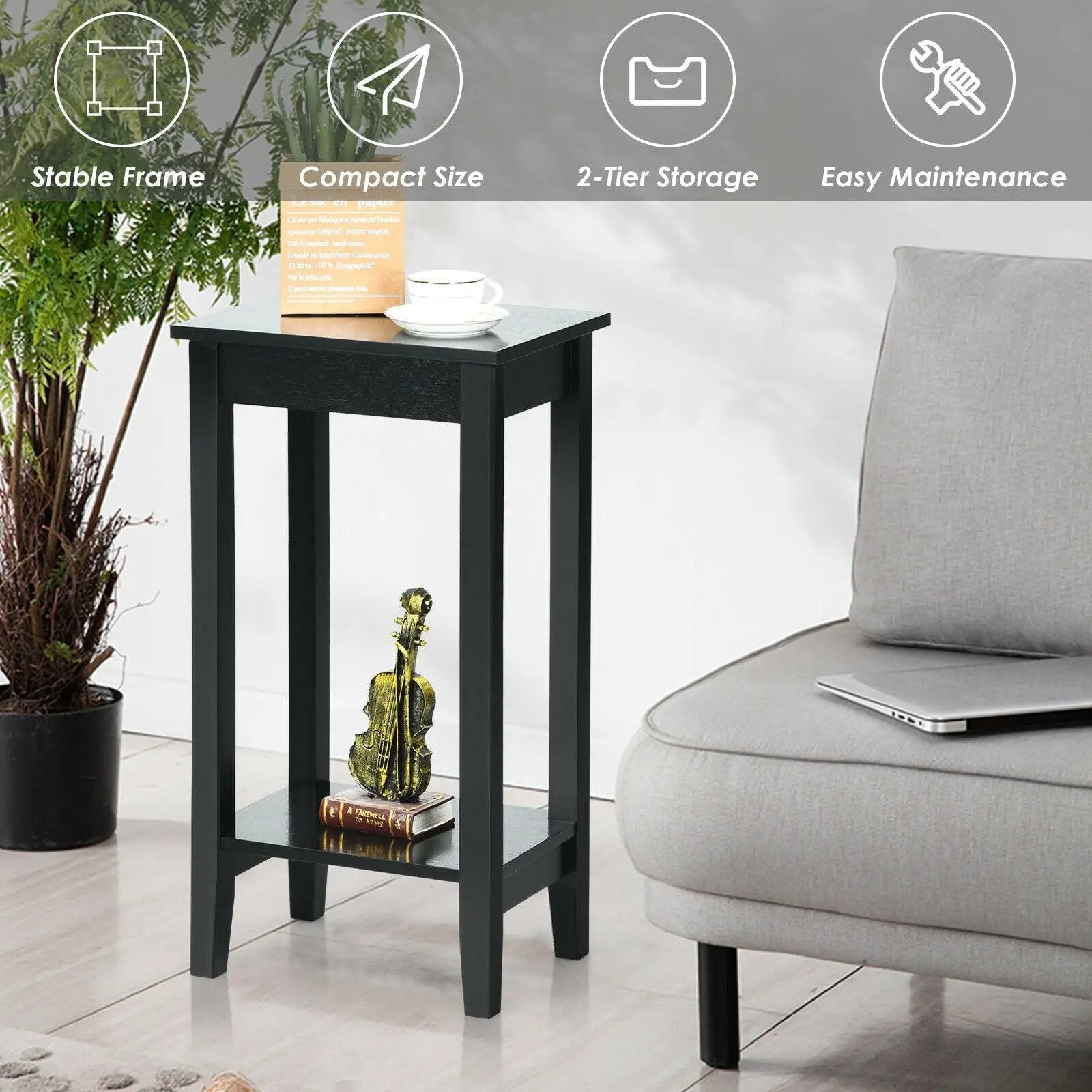 2-Tier Nightstand End Side Wooden Legs Table for Bedroom by DirectDeals