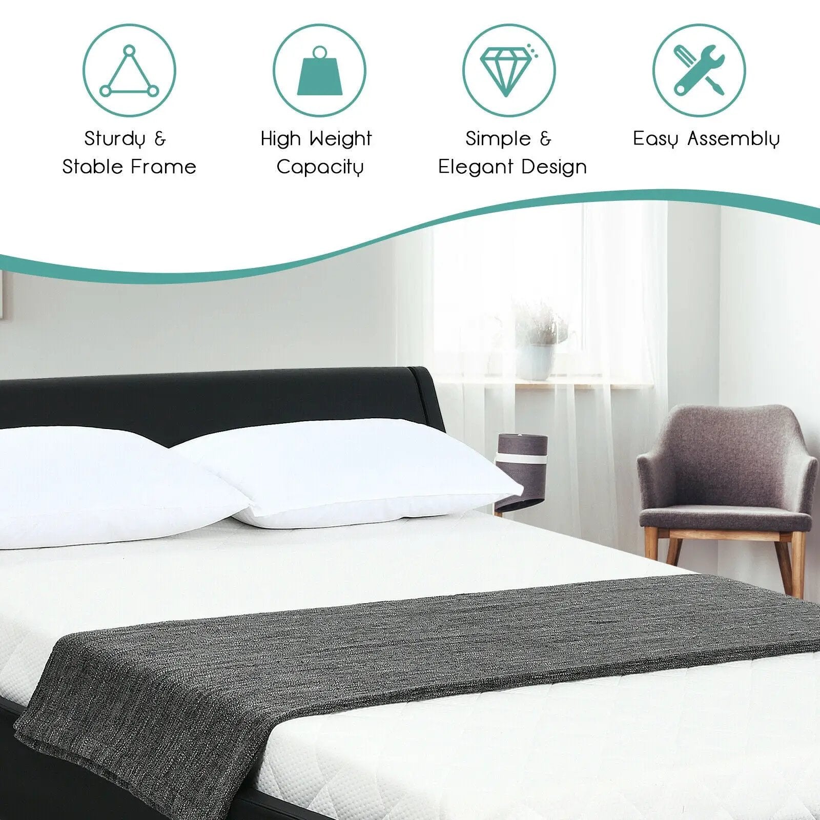 Queen Faux Leather Upholstered Platform Bed Frame Adjustable Headboard-Black by DirectDeals