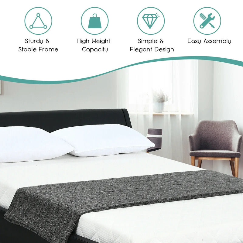 Queen Faux Leather Upholstered Platform Bed Frame Adjustable Headboard-Black by DirectDeals