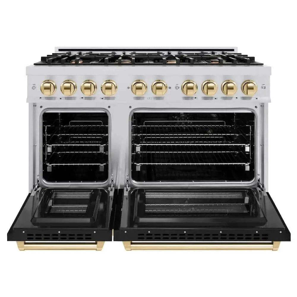 ZLINE 48" Select Gas Range Convection Gas Oven Stainless Steel Black Matte Doors Gold HGRZ-BLM-48-G by Farmhouse Kitchen and Bath