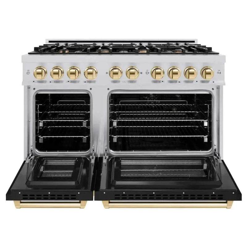 ZLINE 48" Select Gas Range Convection Gas Oven Stainless Steel Black Matte Doors Gold HGRZ-BLM-48-G by Farmhouse Kitchen and Bath