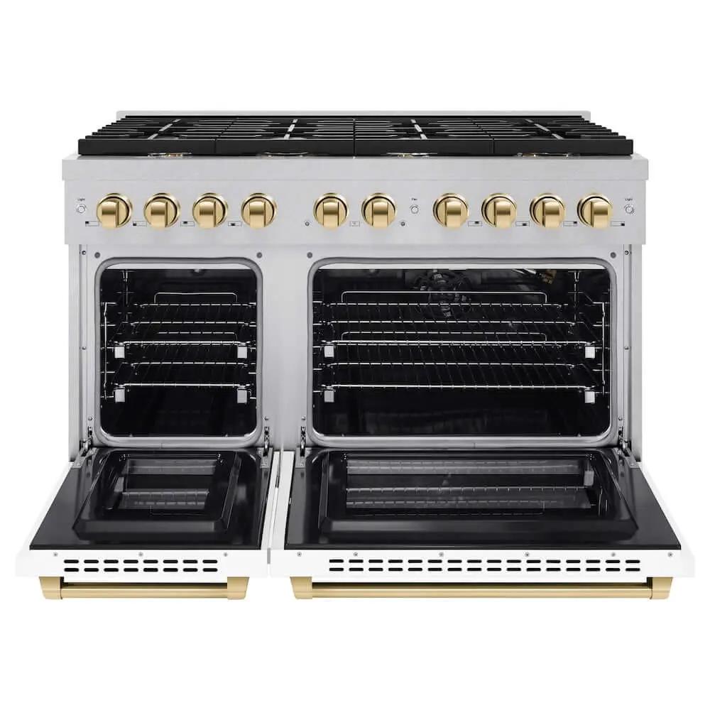 ZLINE 48"Gas Range, Convection Gas Oven, DuraSnow® White Matte, Gold SGRSZ-WM-48-G by Farmhouse Kitchen and Bath