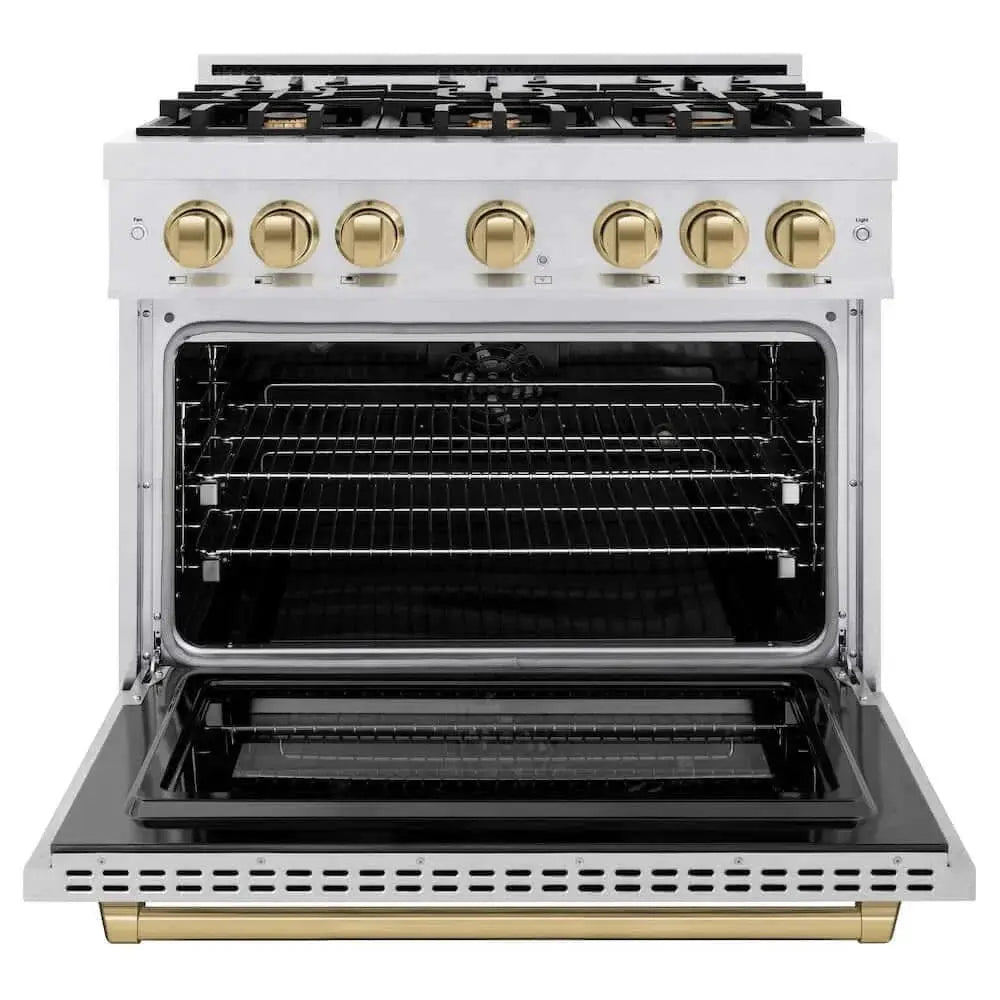 ZLINE 36" Select Dual Fuel Range Gas Cooktop Electric Convection Oven DuraSnow® Stainless Steel Champagne Bronze HDRSZ-36-CB by Farmhouse Kitchen and Bath