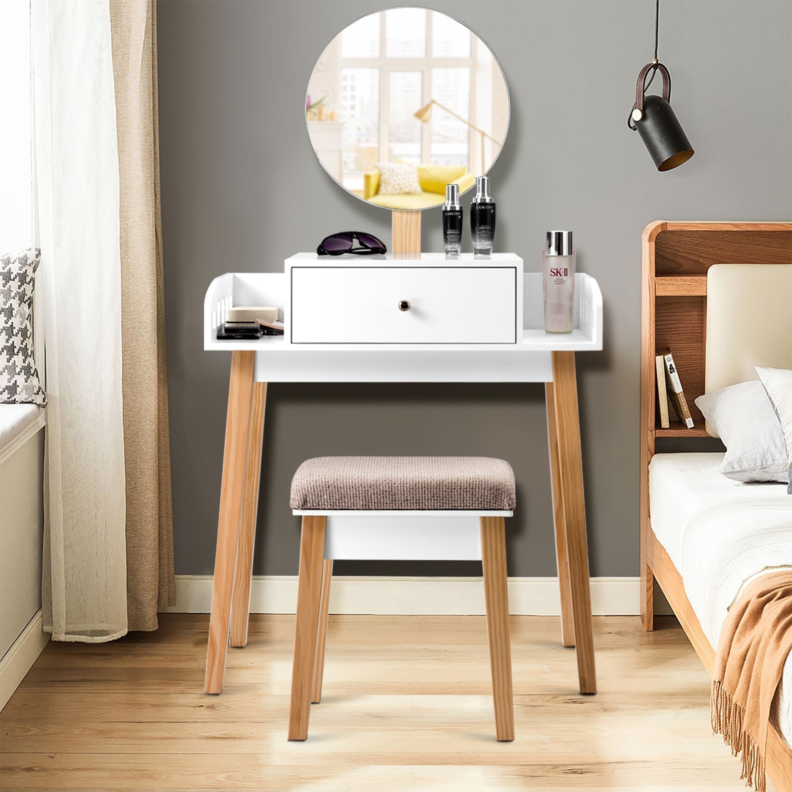 Wooden Makeup Dressing Mirror Table Set with Drawer by DirectDeals