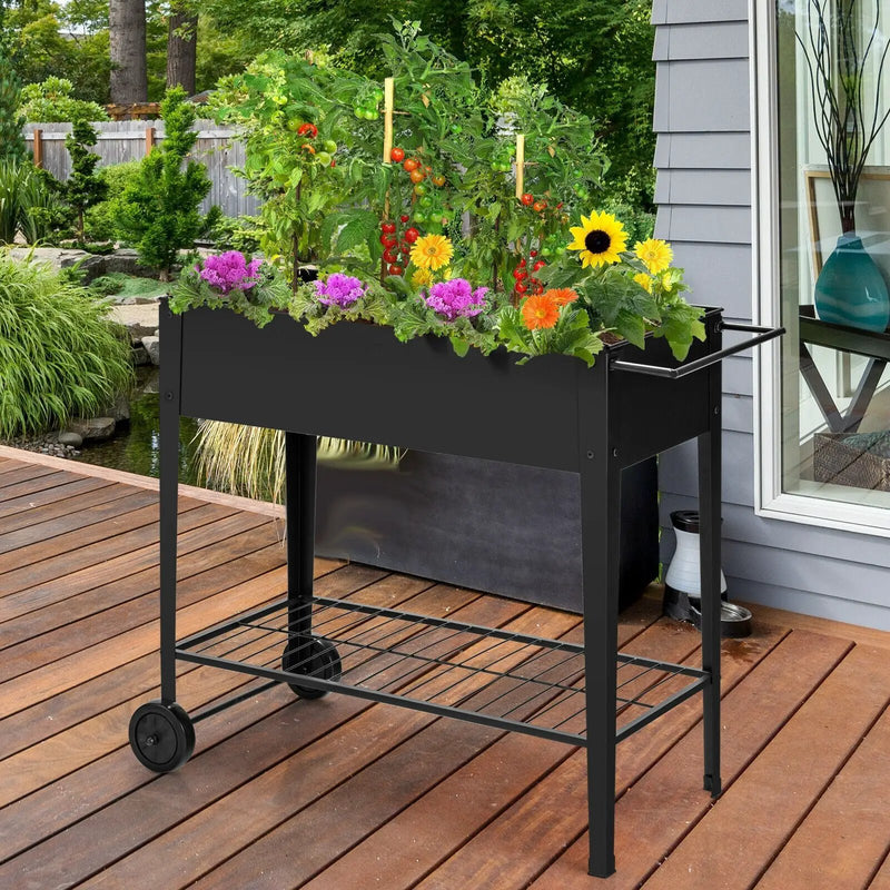 Raised Garden Bed Elevated Planter Box on Wheels Steel Planter with Shelf-Black by DirectDeals
