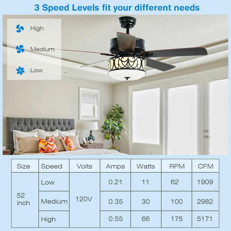 52 Inch Ceiling Fan with Light Reversible Blade and Adjustable Speed by DirectDeals