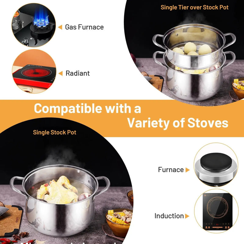 2-Tier Steamer Pot Saucepot Stainless Steel with Tempered Glass Lid by DirectDeals