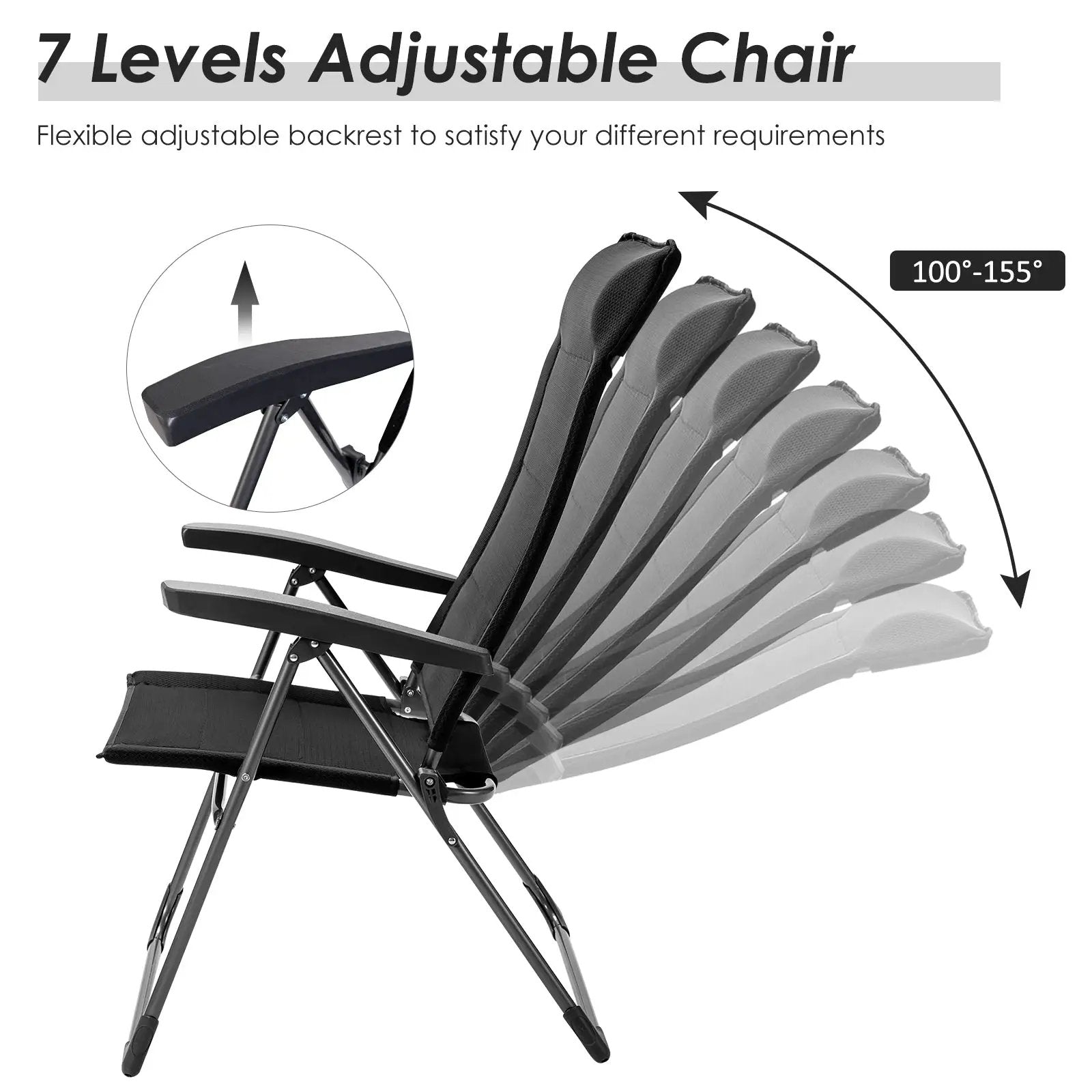 2 Pcs Portable Patio Folding Dining Chairs with Headrest Adjust for Camping -Black by DirectDeals