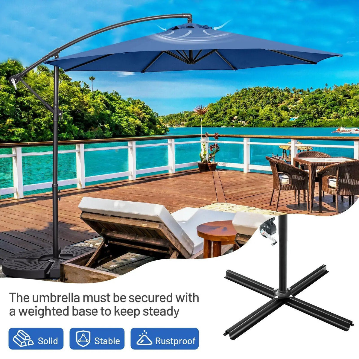 10 Feet Offset Umbrella with 8 Ribs Cantilever and Cross Base by DirectDeals
