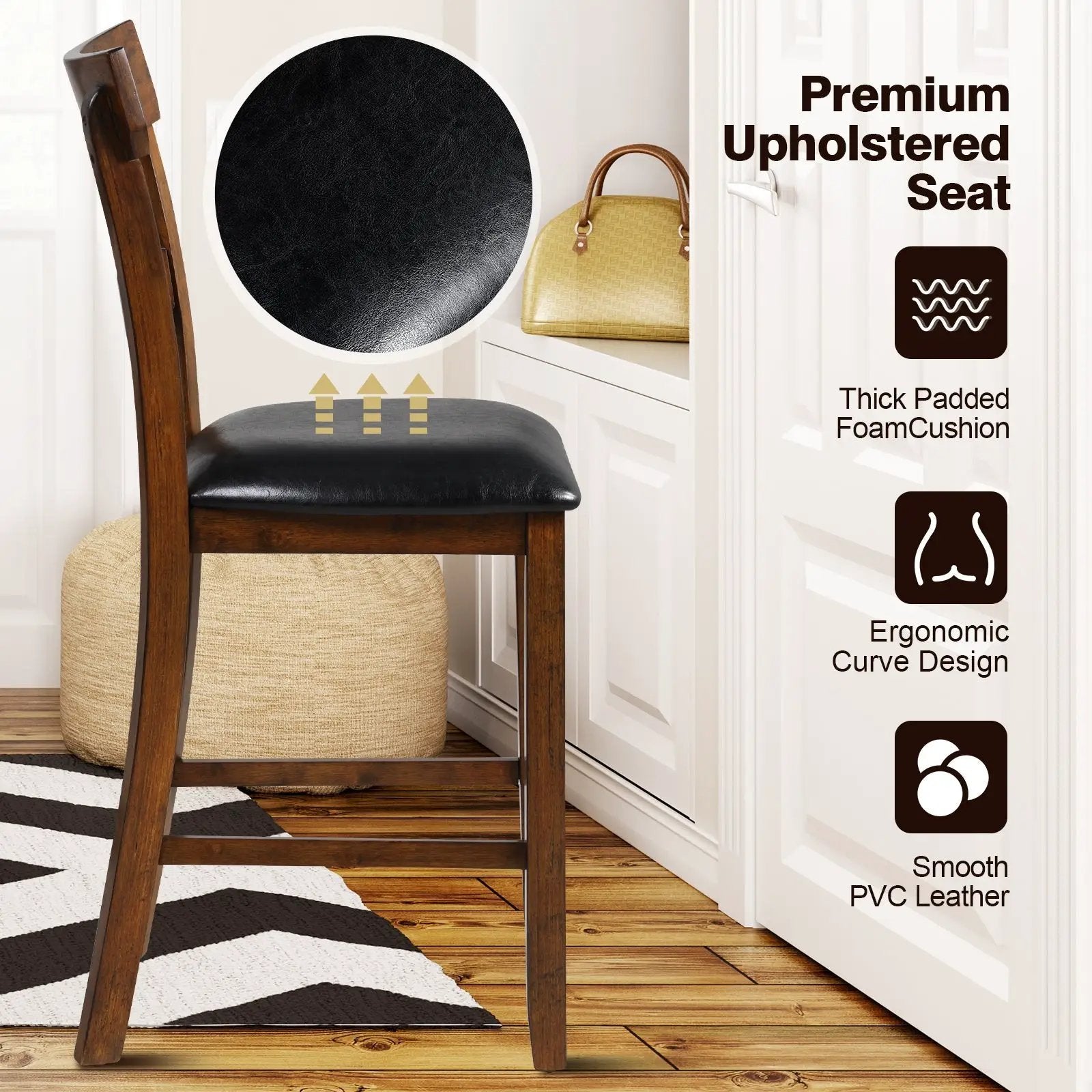 2 Pieces Counter Height Chair Set with Leather Seat and Rubber Wood Legs by DirectDeals
