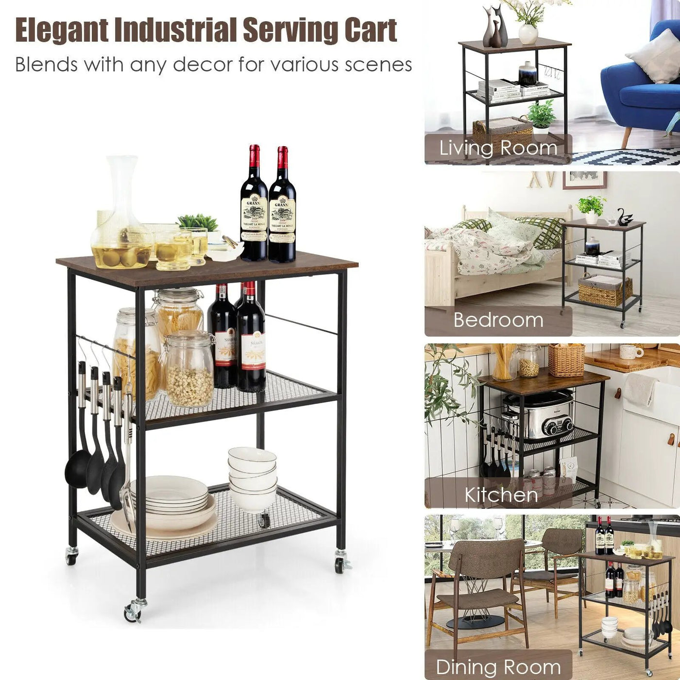 3-Tier Kitchen Serving Cart Utility Standing Microwave Rack with Hooks by DirectDeals