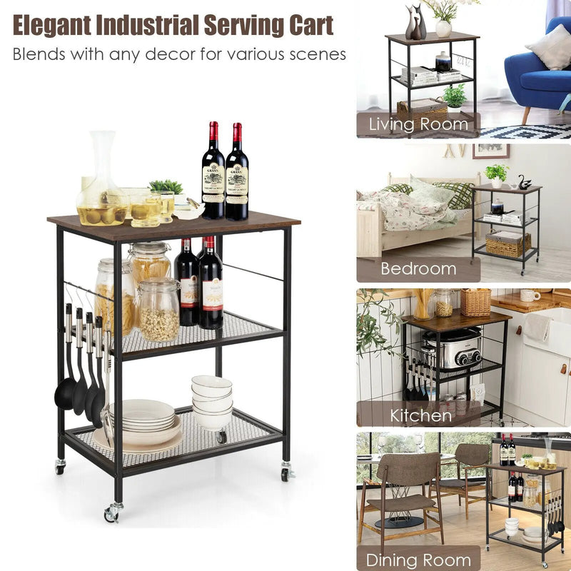 3-Tier Kitchen Serving Cart Utility Standing Microwave Rack with Hooks by DirectDeals