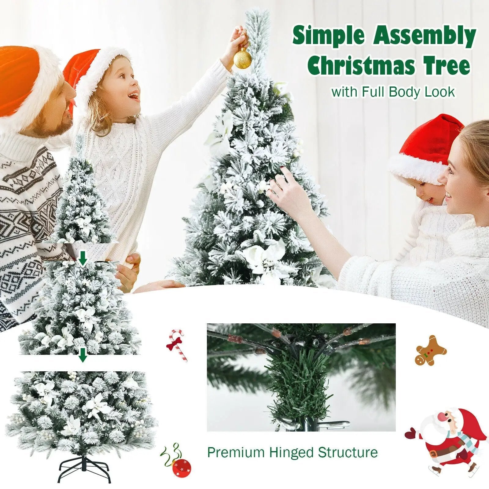 6 Feet Snow Flocked Hinged Christmas Tree with Berries and Poinsettia Flowers by DirectDeals