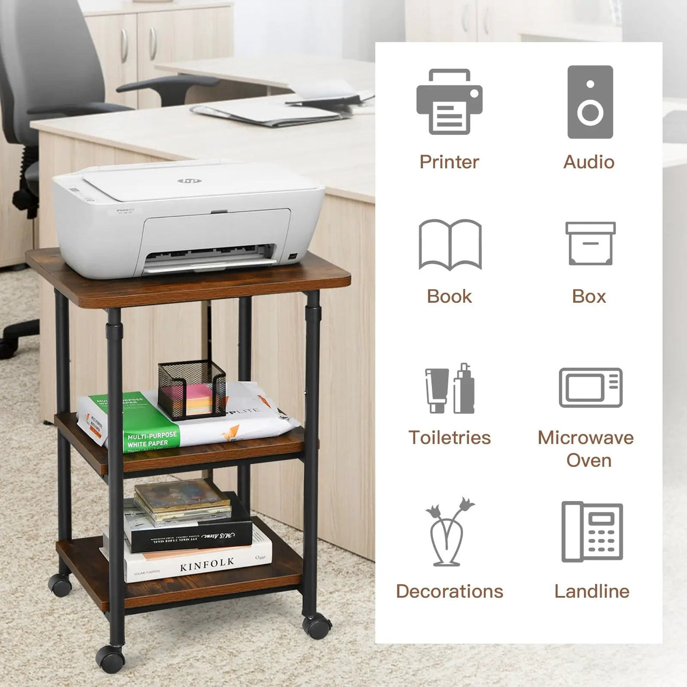 3-tier Adjustable Printer Stand with 360° Swivel Casters by DirectDeals
