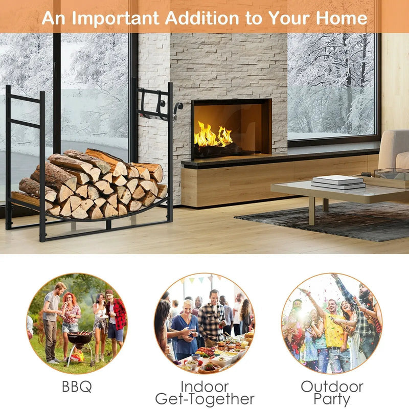 33 Inch Firewood Rack with Removable Kindling Holder Steel Fireplace Wood by DirectDeals