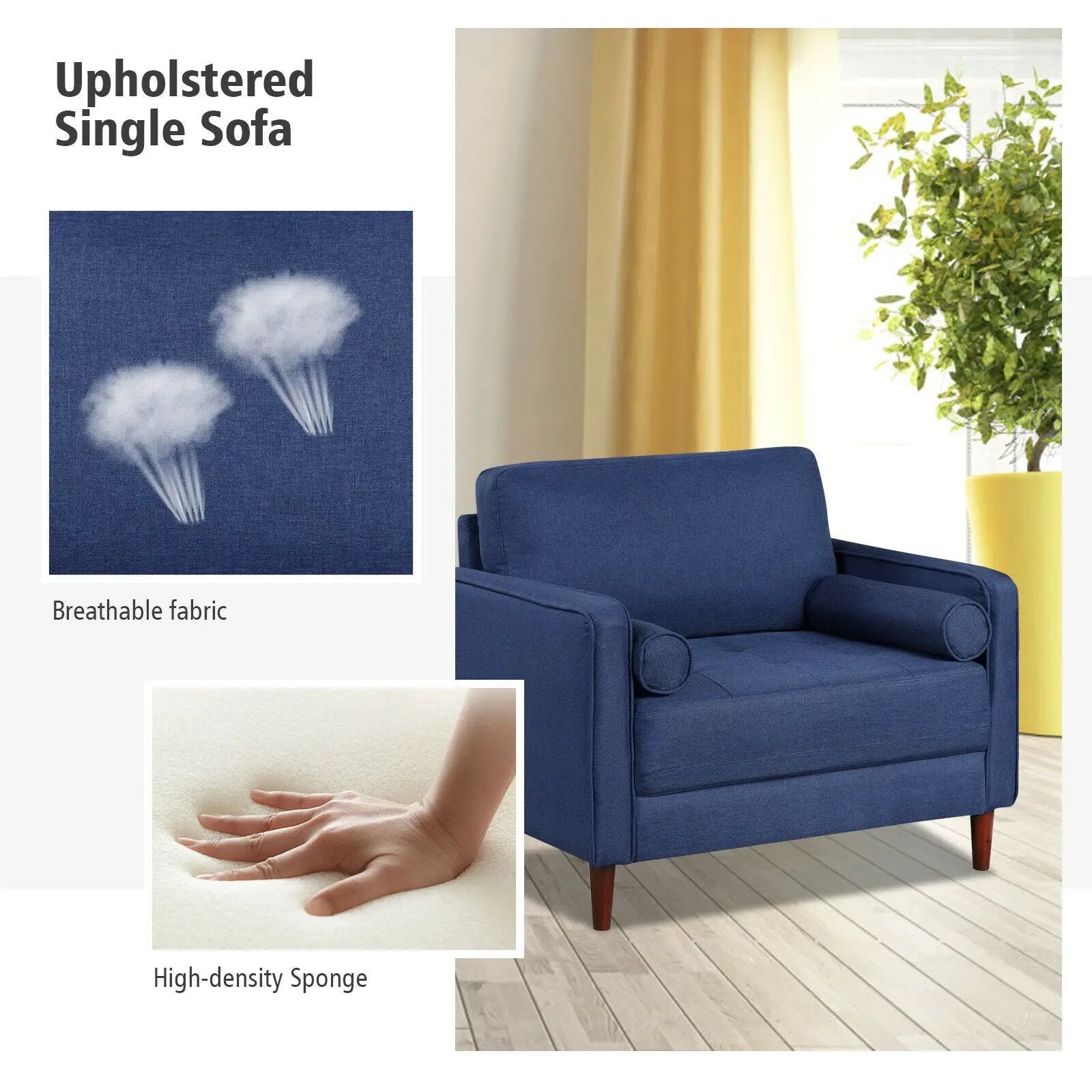 Accent Oversized Linen Club Armchair with Pillows and Rubber Wood Legs by DirectDeals