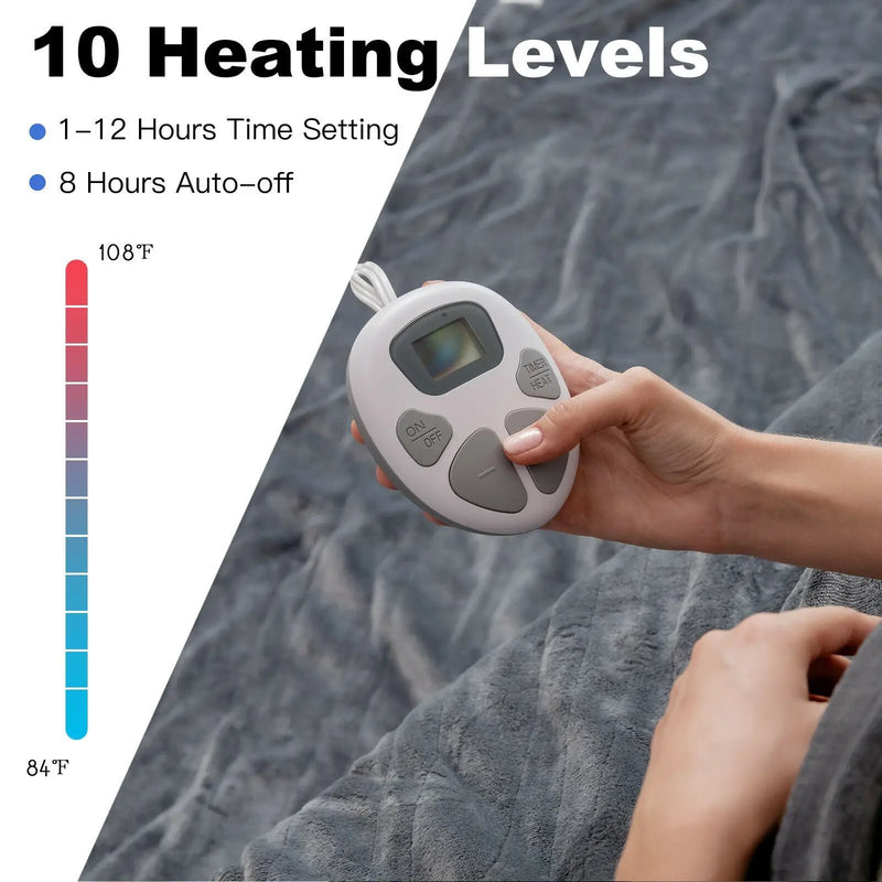 62 x 84 Inch Flannel Heated Electric Blanket with 10 Heating Levels-Gray by DirectDeals