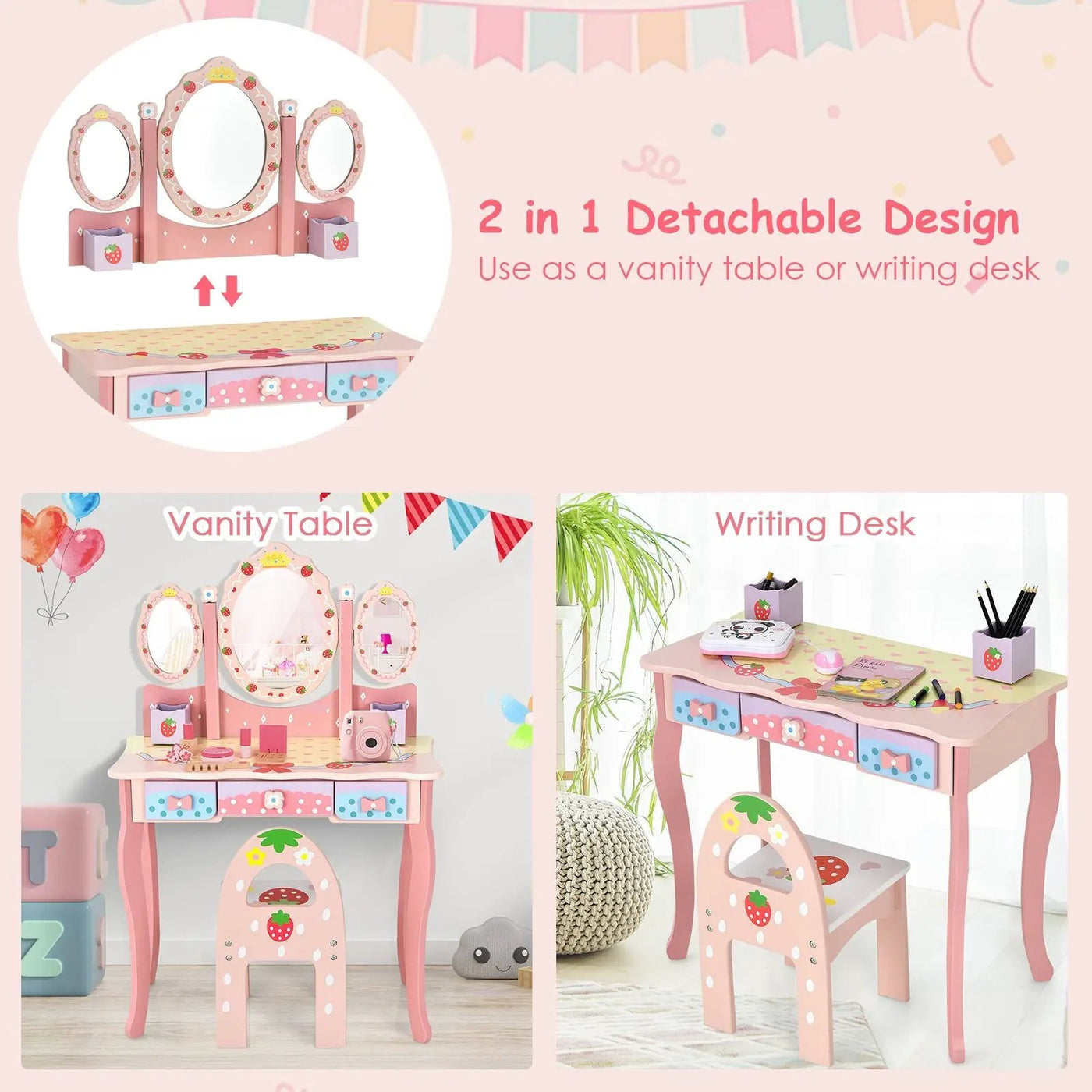 Kids Vanity Princess Makeup Dressing Table Chair Set with Tri-fold Mirror by DirectDeals