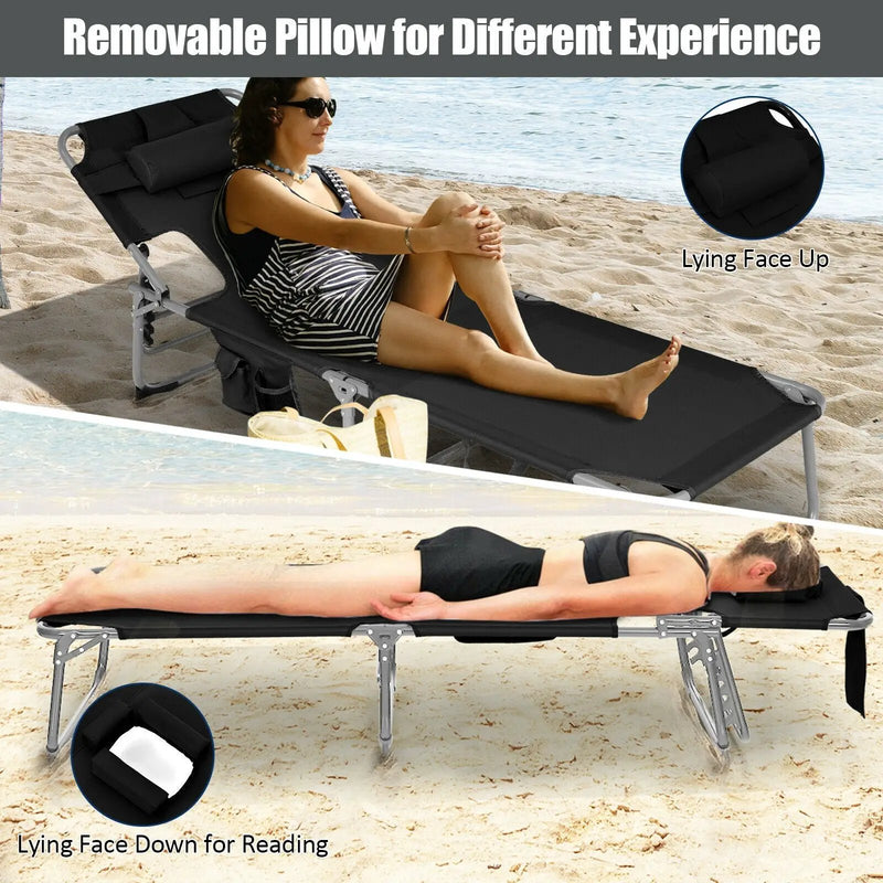 Folding Beach Lounge Chair with Pillow for Outdoor-Black by DirectDeals