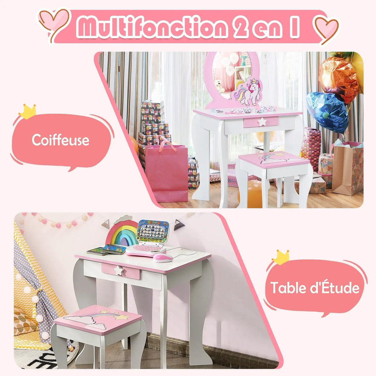 Kids Wooden Makeup Dressing Table and Chair Set with Mirror and Drawer by DirectDeals