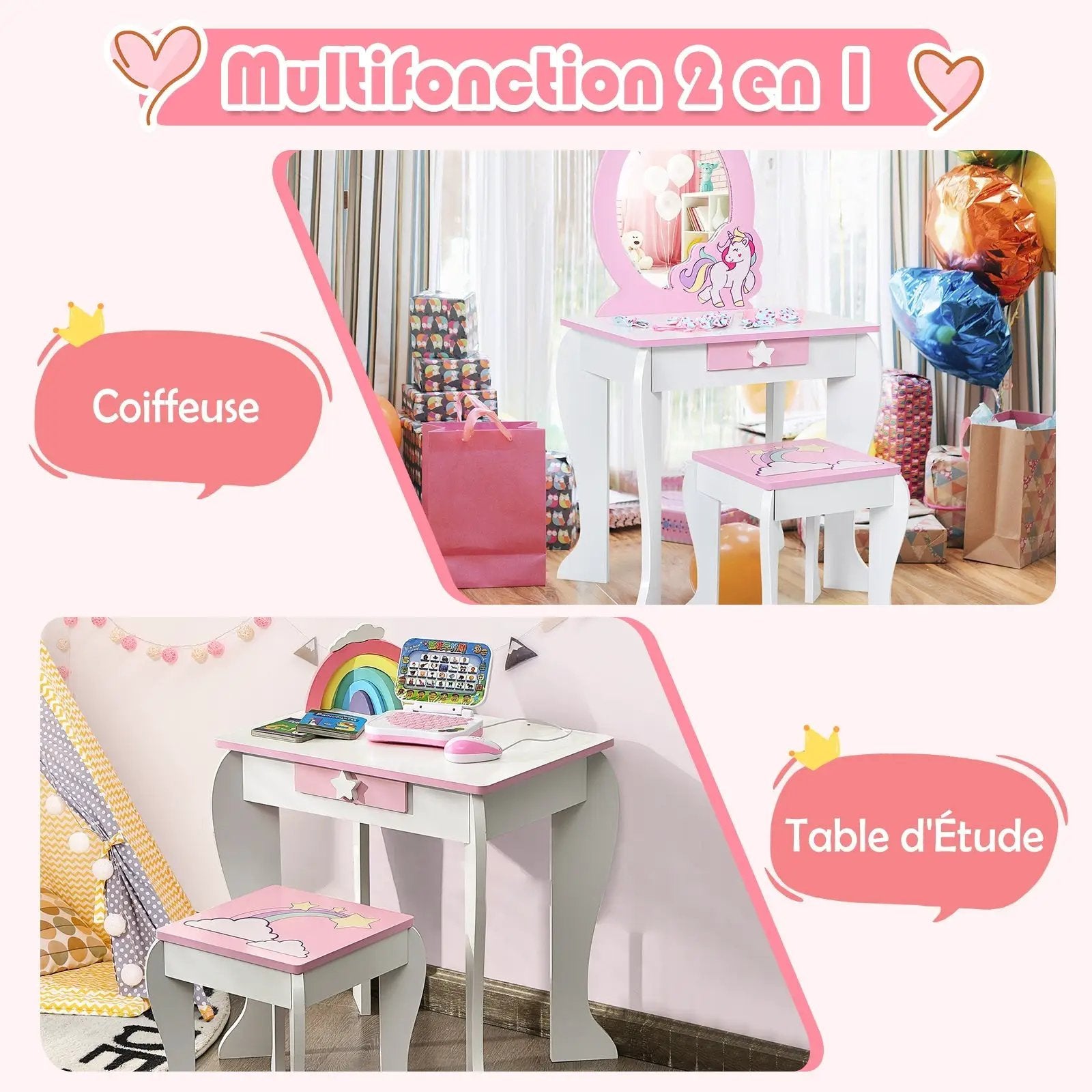 Kids Wooden Makeup Dressing Table and Chair Set with Mirror and Drawer by DirectDeals