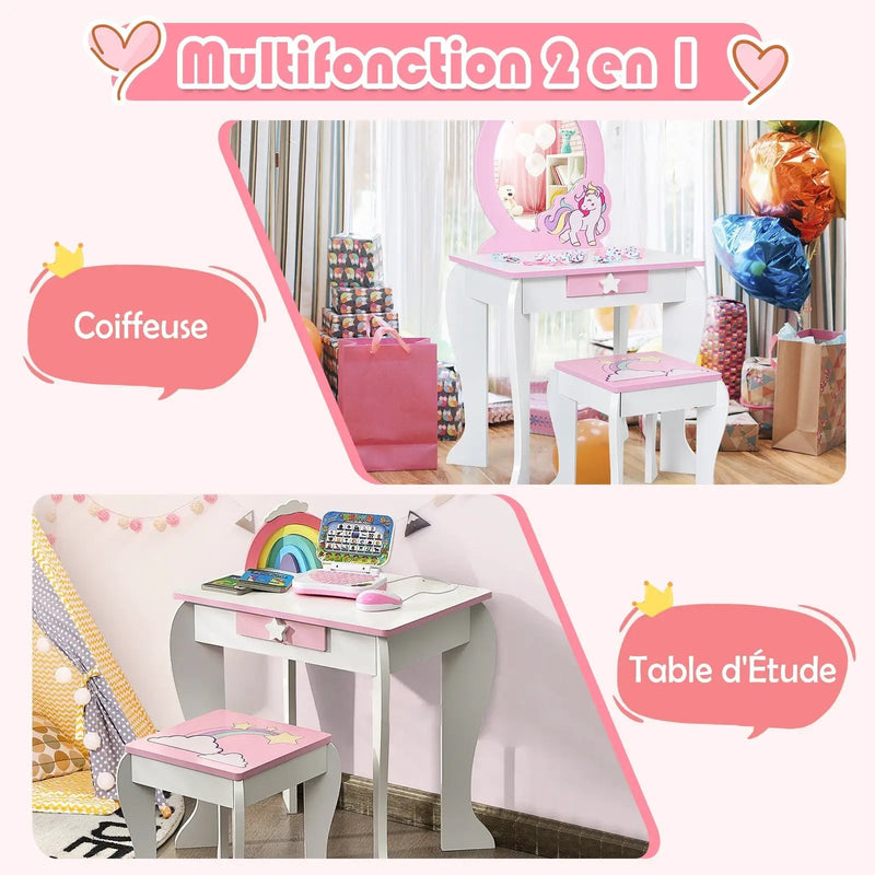 Kids Wooden Makeup Dressing Table and Chair Set with Mirror and Drawer by DirectDeals