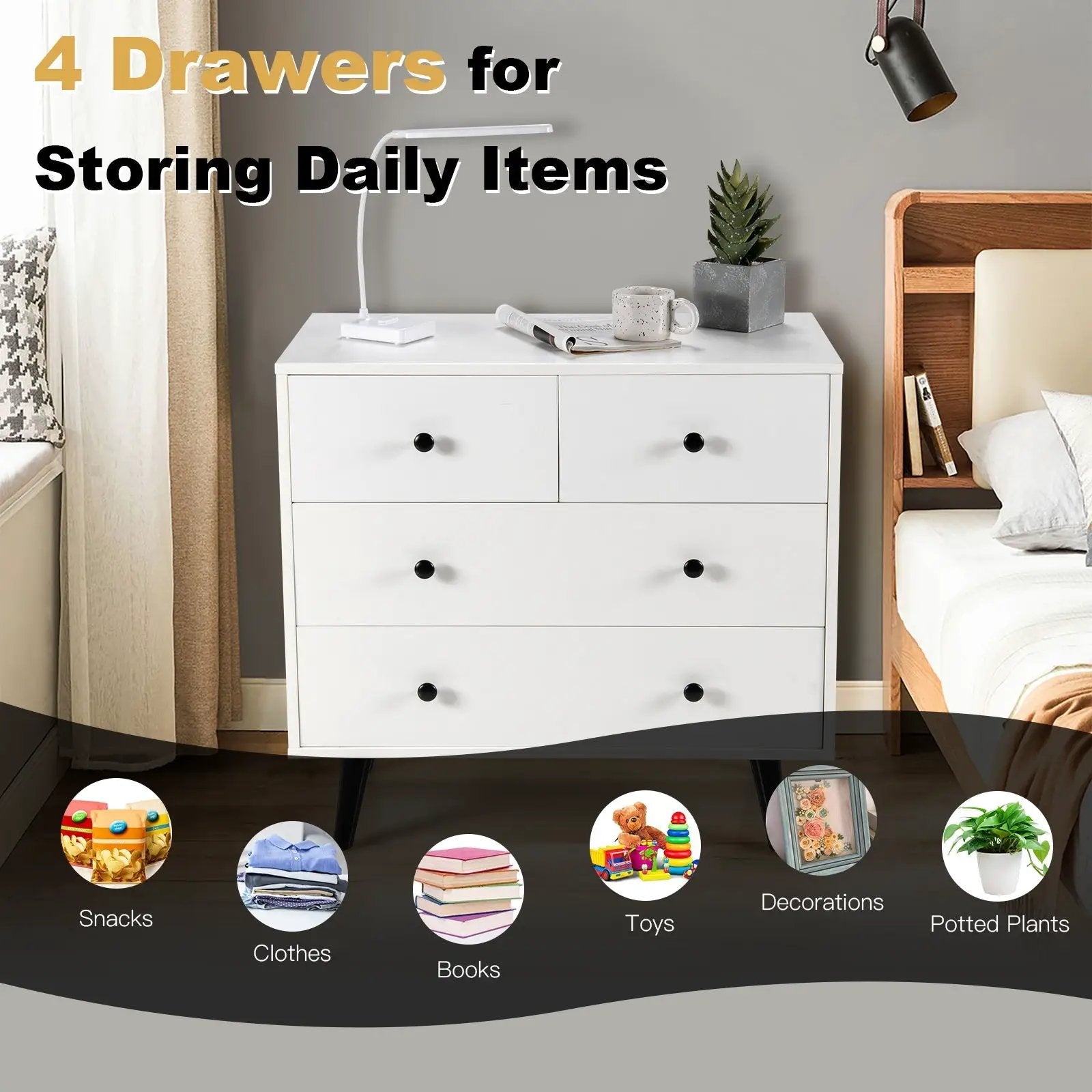 4 Drawers Dresser Chest of Drawers Free Standing Sideboard Cabinet-White by DirectDeals
