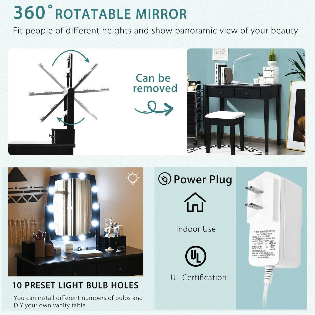 Vanity Table Set with Lighted Mirror for Bedroom and Dressing Room by DirectDeals